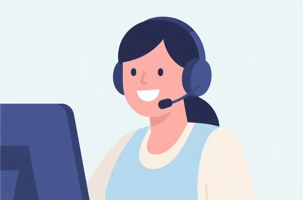 A customer support representative with a headset smiling, minimalist vector art, soft professional colors, clean background