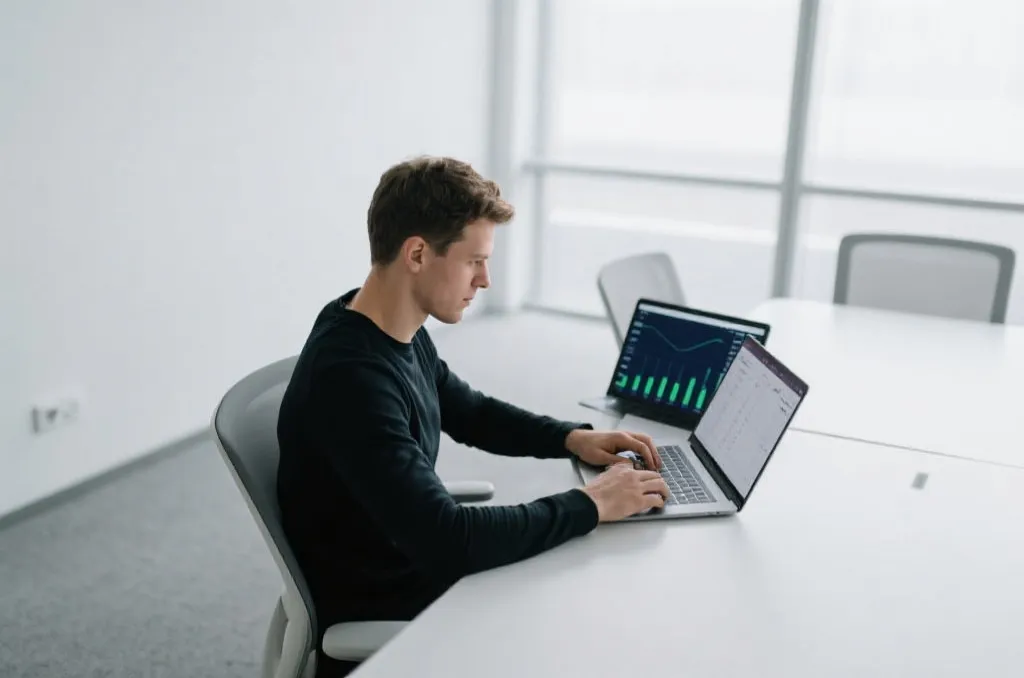 A calm and focused individual analysis sports data on a laptop in a modern minimalist office environment