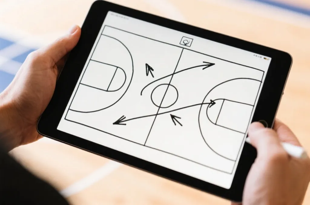 A hand drawing a tactical play on a digital tablet showing abstract lines over a basketball court